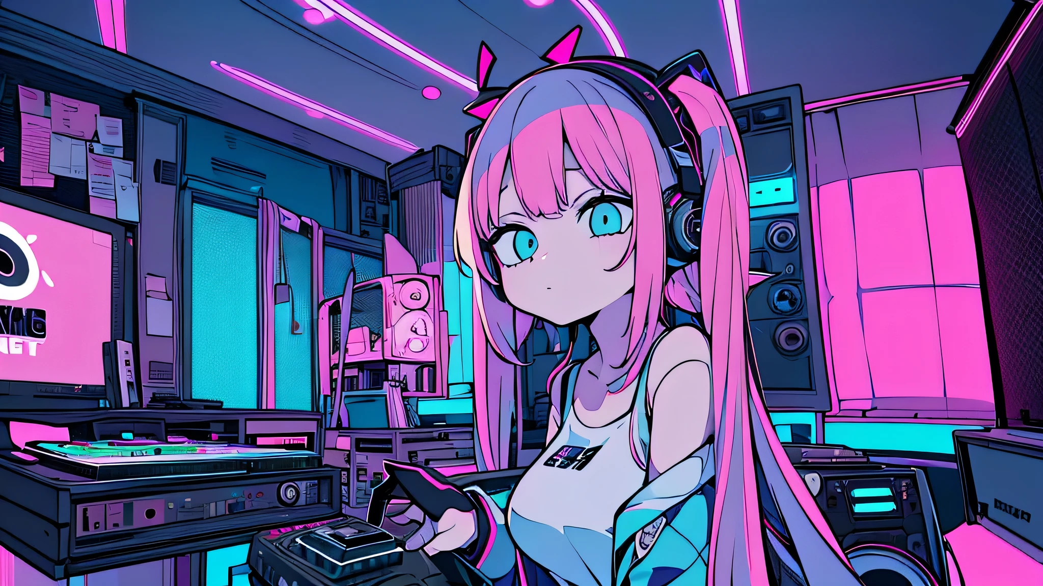Best quality, (masterpiece), best detail face,1 girl, natural breasts, 18 yo, 8k,absurdres,unity 8k wall paper,(extremely detailed:1.3), highest realistic, (retro headphones:), (soft neon light:), (psychedelic), Her room full of music equipment and records, sports wear , See the whole room , dark yellow color pallet, pony tail hair