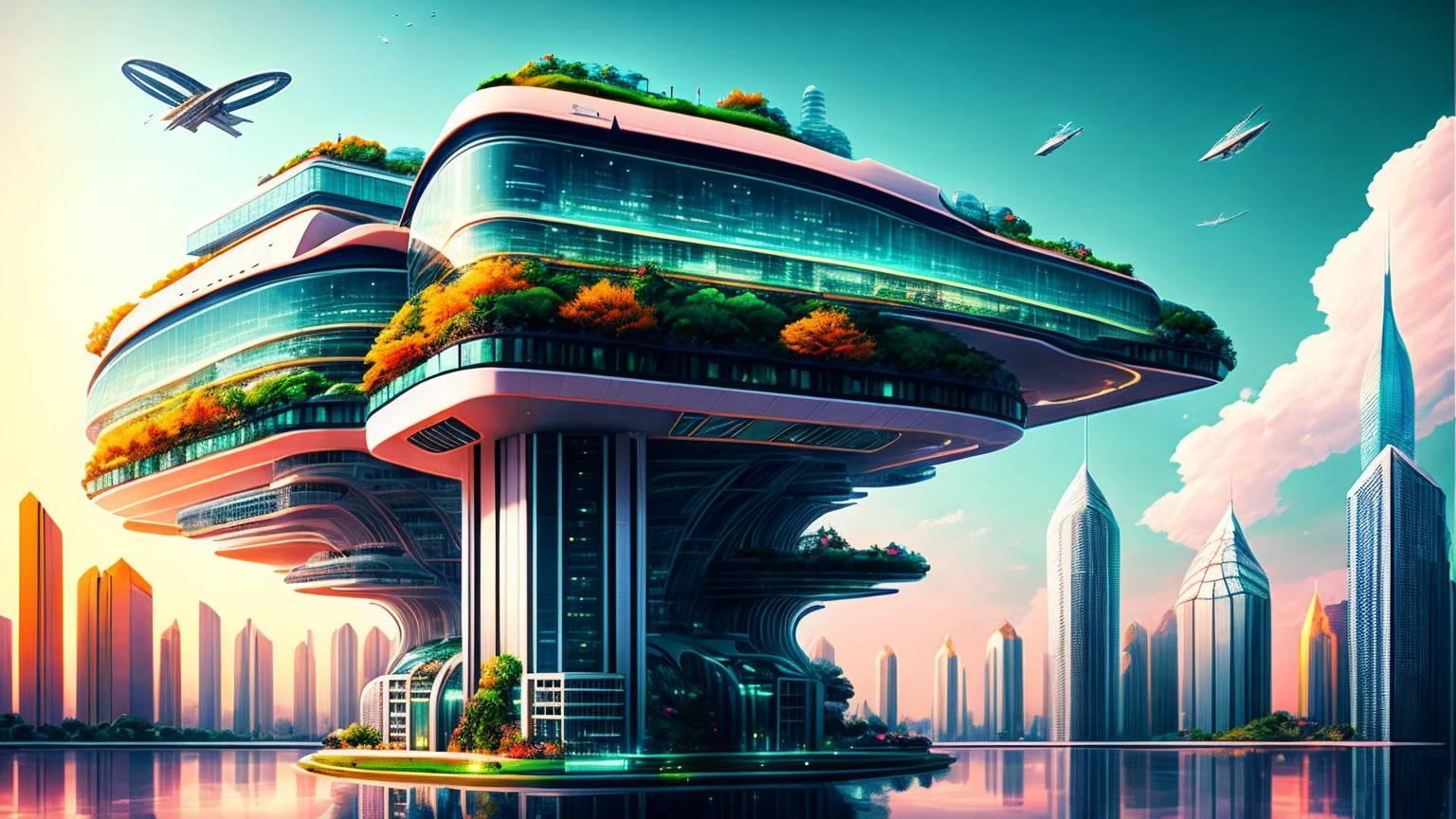 (Best quality,4K,8K,A high resolution,Masterpiece:1.2),Ultra-detailed,(Realistic,Photorealistic,photo-realistic:1.37),Futuristic floating city,Futuristic technology,Huge urban high-tech tablet platform,Airship,Floating in the sky,Futuristic city,Small airships around,High-tech hemispherical platform,Colorful lights,Advanced architecture,modernn architecture,skyscrapper,Access the cloud,Scenic beauty,view over city,Impressive design,Blend seamlessly with nature,energetic and vibrant atmosphere,Futuristic transportation system,Parking is suspended,Transparent path,Lush greenery,Sky gardens,cascading waterfalls,Magnificent skyline,reflections on the water,Sparkling river,Architectural innovation,futuristic skyscrapers,Transparent dome,The shape of the building is unusual,Elevated walkway,Impressive skyline,Glowing lights,Futuristic technology,Minimalist design,Scenic spots,Panoramic view,Cloud Piercing Tower,Vibrant colors,epic sunrise,epic sunset,Dazzling light display,magical ambiance,The future city,Urban Utopia,LuxuryLifestyle,Innovative energy,sustainable development,Smart city technology,Advanced infrastructure,Tranquil atmosphere,Nature and technology live in harmony,Awesome cityscape,Unprecedented urban planning,Architecture connects seamlessly with nature,High-tech metropolis,A cutting-edge engineering marvel,The future of urban living,Visionary architectural concept,Energy-efficient buildings,Harmony with the environment,A city floating above the clouds,Utopian dreams become reality,The possibilities are endless,State-of-the-art transportation network,Green energy integration,Innovative materials,Impressive holographic display,Advanced communication system,Breathtaking aerial view,Quiet and peaceful environment,Modernist aesthetics,Ethereal beauty