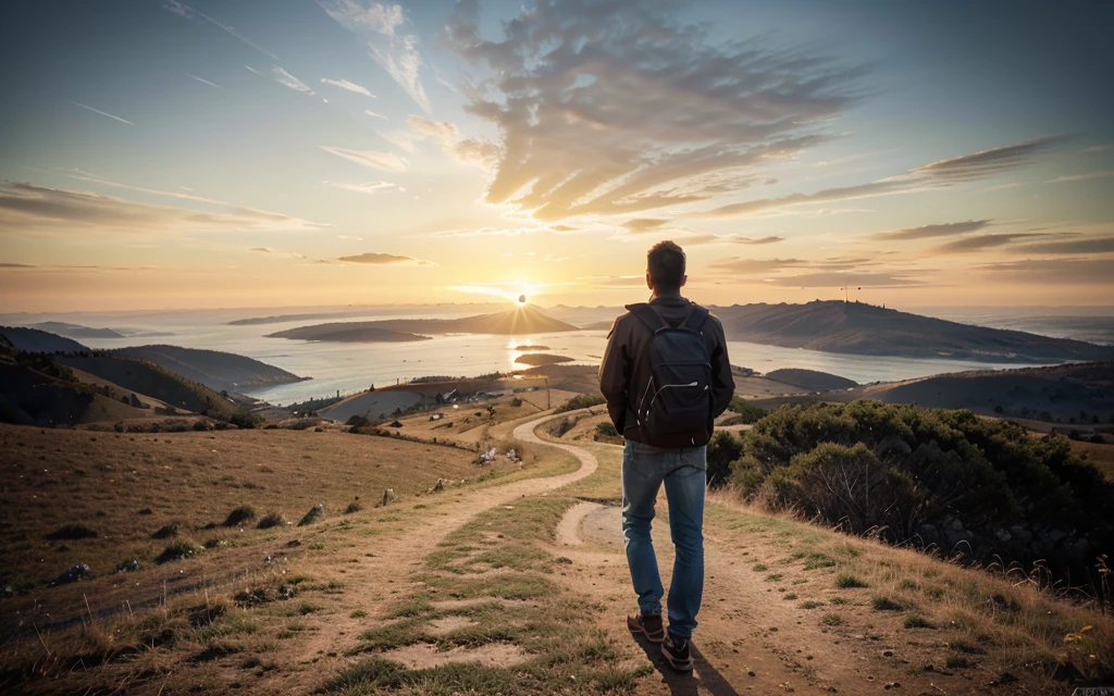 photorealistic landscape, natural landscape, naturey, Beleza Da naturey, Golden Sunset, Sky, Sky Power, Detailed Realistic Sunset, Cedars, Cedar, God's City, Heavens Realm, mountainscape, rivers of water, Sunset realism, Árvores naturey, Alone Men, man on his back, Man's Back, panorama, Alpha Male, Path to Heaven, heavenly, Detailed Realistic Image 8K, 16K Photorealistic Contrast, 8K Photorealistic Sharpness, 4K Photorealistic Cores, 16K Photorealistic Shadows, 8K Photorealistic Textures, 16K Photorealistic Texture, 4K Photorealistic Light, 4K PhotoRealism, FullHD 4K Detailed Contrast, detailed sharpness FullHD 8K, detailed sharpness FullHD 4K, detailed sharpness, 2K Detailed Colors, lifelike colors, FullHD Detailed Shadows, 4K Detailed Textures, detailed texture, Natural Beauty, Elegante, 
