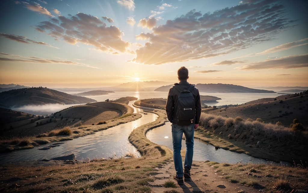 photorealistic landscape, natural landscape, naturey, Beleza Da naturey, Golden Sunset, Sky, Sky Power, Detailed Realistic Sunset, Cedars, Cedar, God's City, Heavens Realm, mountainscape, rivers of water, Sunset realism, Árvores naturey, Alone Men, man on his back, Man's Back, panorama, Alpha Male, Path to Heaven, heavenly, Detailed Realistic Image 8K, 16K Photorealistic Contrast, 8K Photorealistic Sharpness, 4K Photorealistic Cores, 16K Photorealistic Shadows, 8K Photorealistic Textures, 16K Photorealistic Texture, 4K Photorealistic Light, 4K PhotoRealism, FullHD 4K Detailed Contrast, detailed sharpness FullHD 8K, detailed sharpness FullHD 4K, detailed sharpness, 2K Detailed Colors, lifelike colors, FullHD Detailed Shadows, 4K Detailed Textures, detailed texture, Natural Beauty, Elegante, 