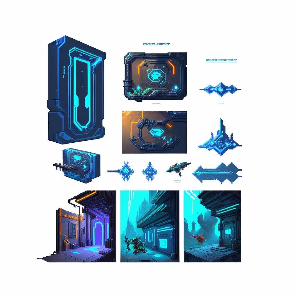 pixel art, walls, sci-fi, game asset set, futuristic, sidescroller, white background, metroidvania futuristic game assets and props
