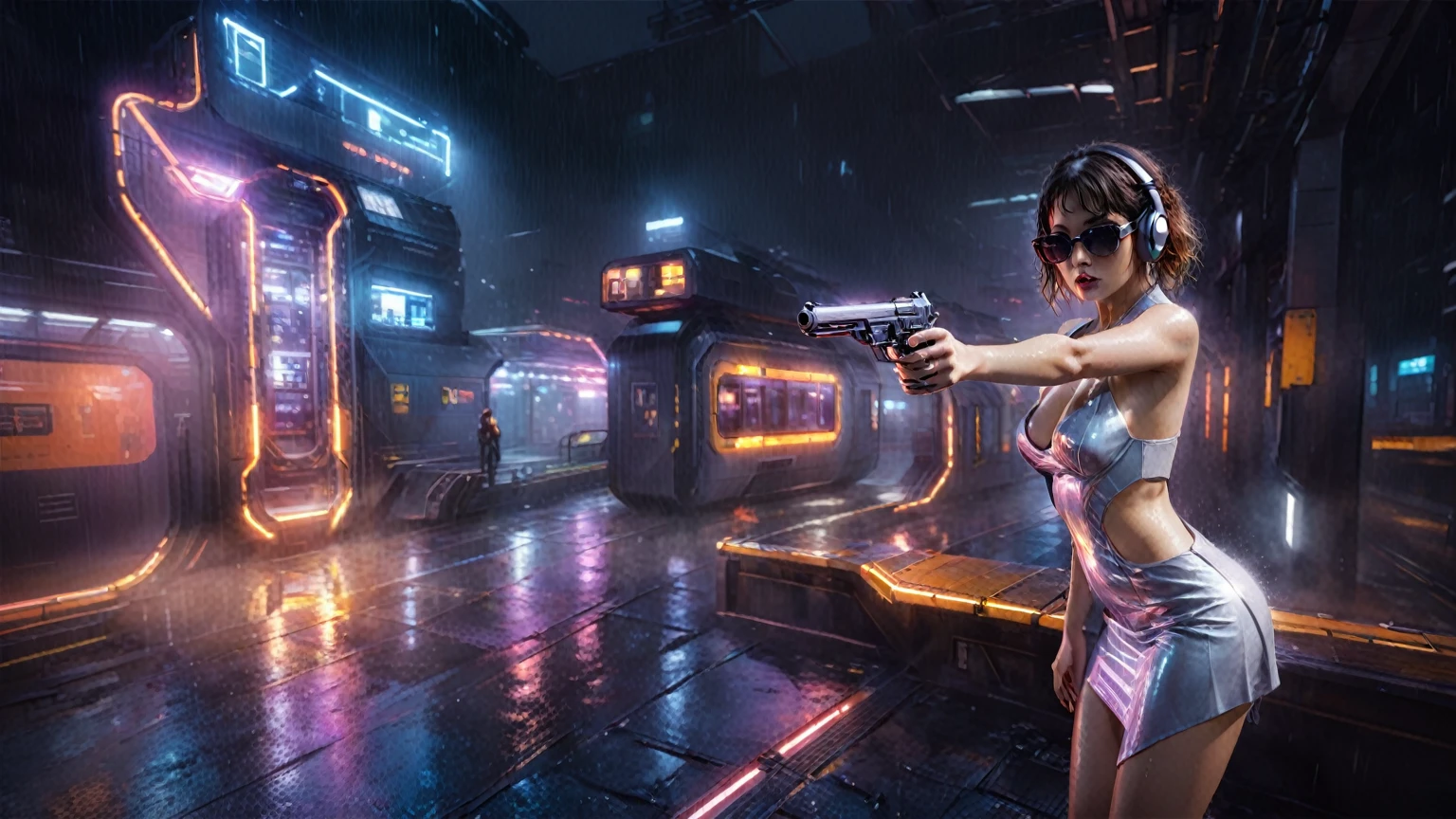 (((aerial view))), Blade Runner style futuristic railway platform, hi-tech train, neon lights, rainy night. (1girl, solo, alone), large-breast:1.2 slim body, cleavage:1.1, sexy wind blowing wet dress:1.4, headphone, (black sunglasses), (((she raised a pistol:1.8 and shot:1.8 the viewer))), dynamic pose, (((half-body thigh level medium shot))), cinematic lighting, lens flare, ray tracing, blurred:1.4 background.