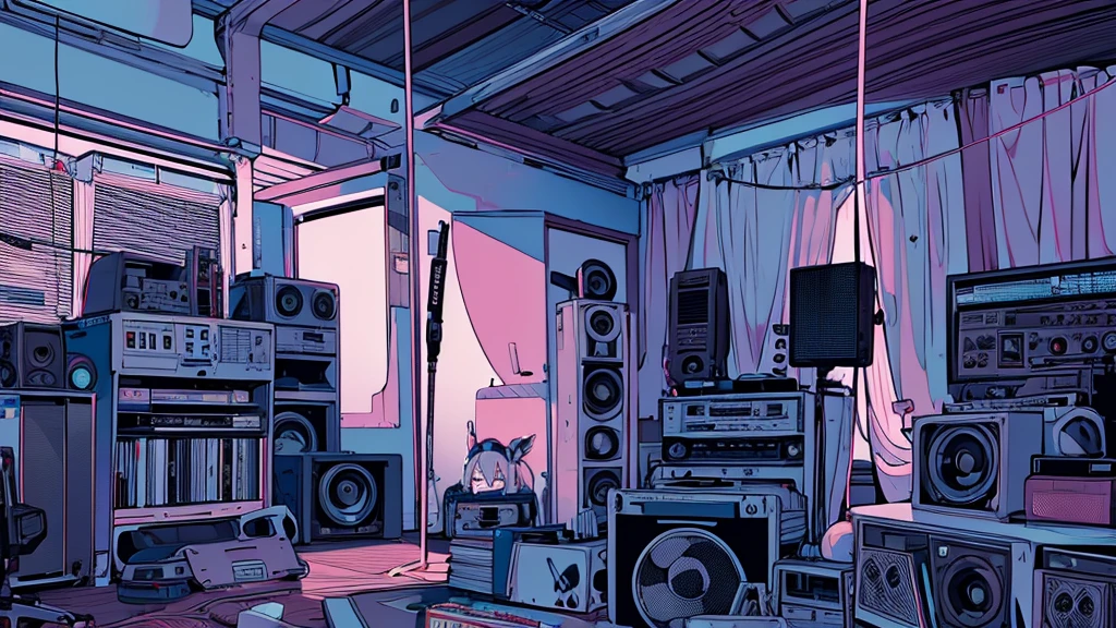 Best quality, (masterpiece), best detail face,1 girl, natural breasts, 18 yo, 8k,absurdres,unity 8k wall paper,(extremely detailed:1.3), highest realistic, (retro headphones:), (soft neon light:), (psychedelic), Her room full of music equipment and records, sports wear , See the whole room , dark grey color pallet, silver hair, pony tail hair