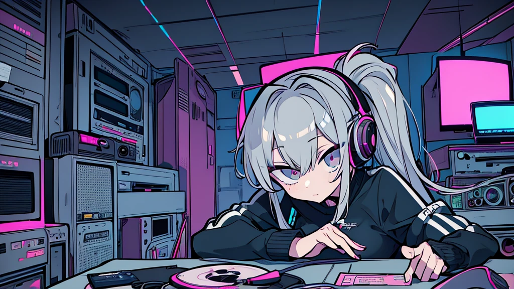 Best quality, (masterpiece), best detail face,1 girl, natural breasts, 18 yo, 8k,absurdres,unity 8k wall paper,(extremely detailed:1.3), highest realistic, (retro headphones:), (soft neon light:), (psychedelic), Her room full of music equipment and records, sports wear , See the whole room , dark grey color pallet, silver hair, pony tail hair