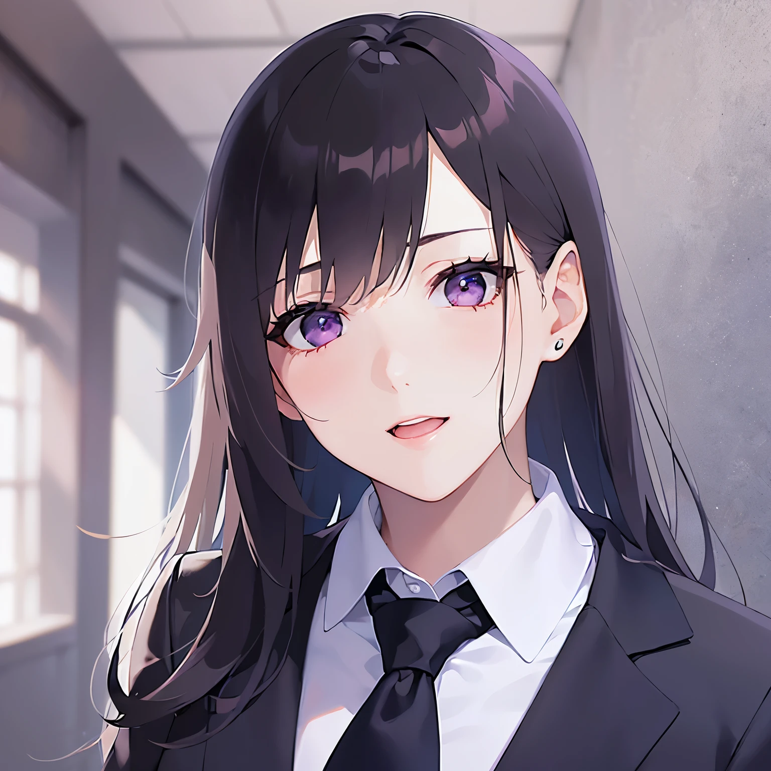 head tilt, Upper Body, Realistic, real person, (pale skin: 1.2), RAW photo, photorealistic, shiny skin, shiny hair、(A 25-year-old woman with straight hair and bangs) and (medium hair) and (black hair) and (purple eyes) , (business suit:1.5) and (white collared shirt)、smile, open mouth, The background is the conference room、Alone、Are standing