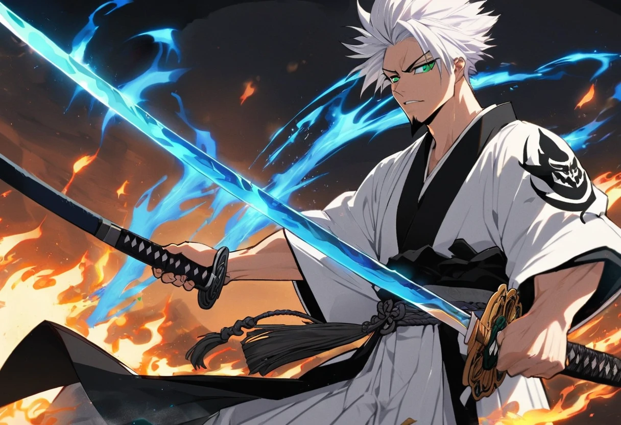 1 young boy, male focus, details Intricate, 1 men, bonitas, White hair, vibrant green eyes, slim muscles, アニメ, 19yearsold, 19 years, a small goatee, kimono de Shinigami, Shinigami, bleach style, bleach, regatta, kimono, bleach, bleach style, katana ( uma katana afiada e longa coberta por Blue flames) , blue flames, Blue flames, katana longa, powerful katana (attacking enemies with your katana making cuts with your flames).