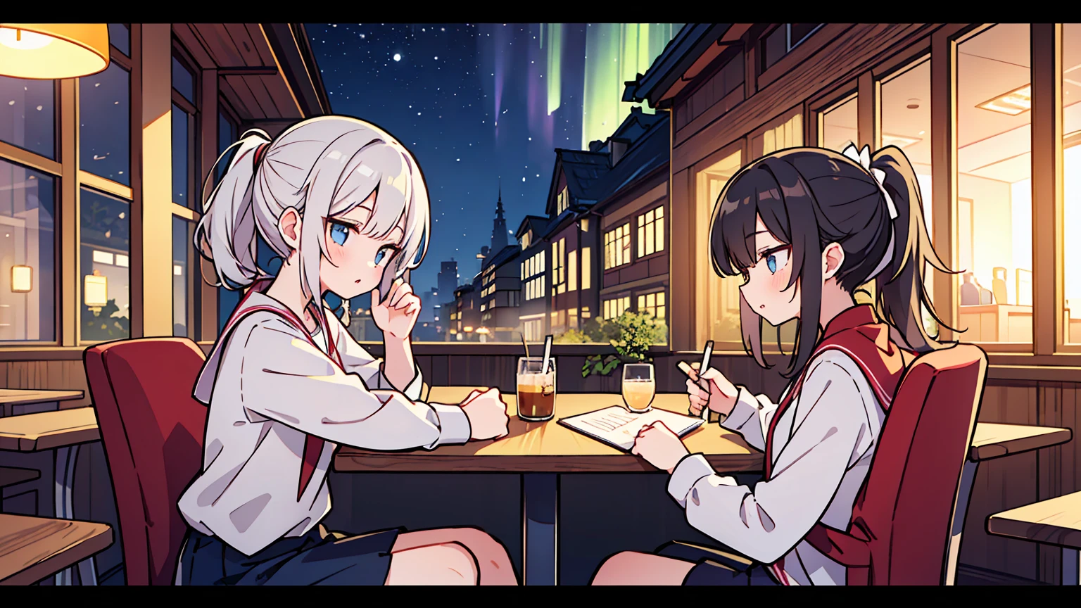 (masterpiece, best quality),Two women with different faces and hairstyles, different hair colors, different faces, ponytail, shot,letterboxed, perfection of fashion,chapped lips, casual attire, upper body, from the side,A cafe with a terrace overlooking the night sky with the Aurora,Teaching students to study at an old-fashioned table, eyes look at the note, together, stylish outfit,