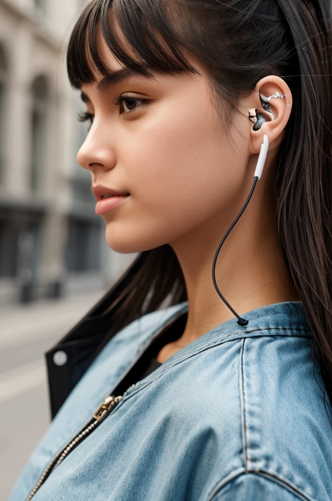 A girl using black airpods headphones