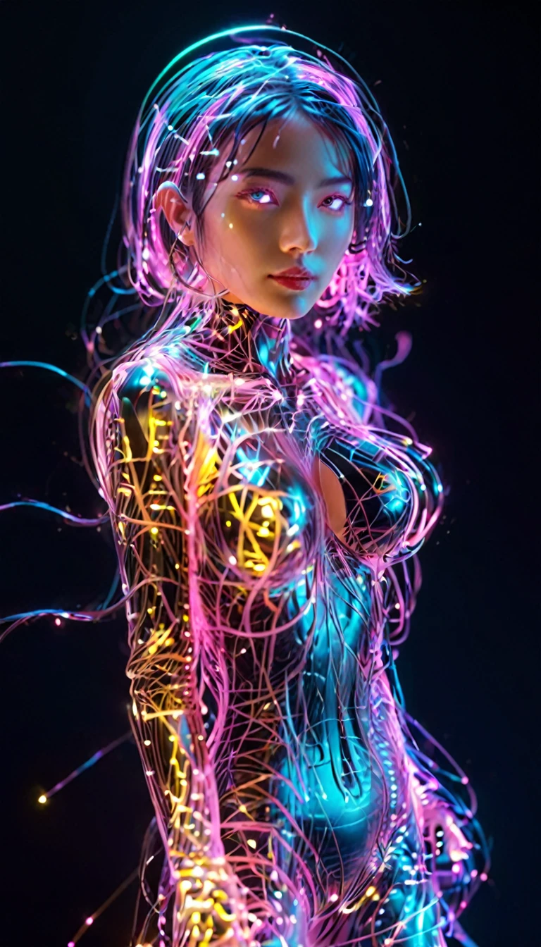 Ultra-Realistic Capture,18k,RAW Photos,Highest quality,masterpiece,reality,Very detailed,Very beautiful woman,Android,cyborg,cyber-,(((full body))),(Very detailedな電子機器),(Skin that clearly shows the internal electronics),Very thin transparent connection wire,Transparent connecting wires covering the entire body,Iron Skin,Fully transparent skin,Advanced AI,neon,Small glowing LED light,Very long messy hair,Standing posture,Long legs,slender,Tall,Standing on tiptoes,Floating,