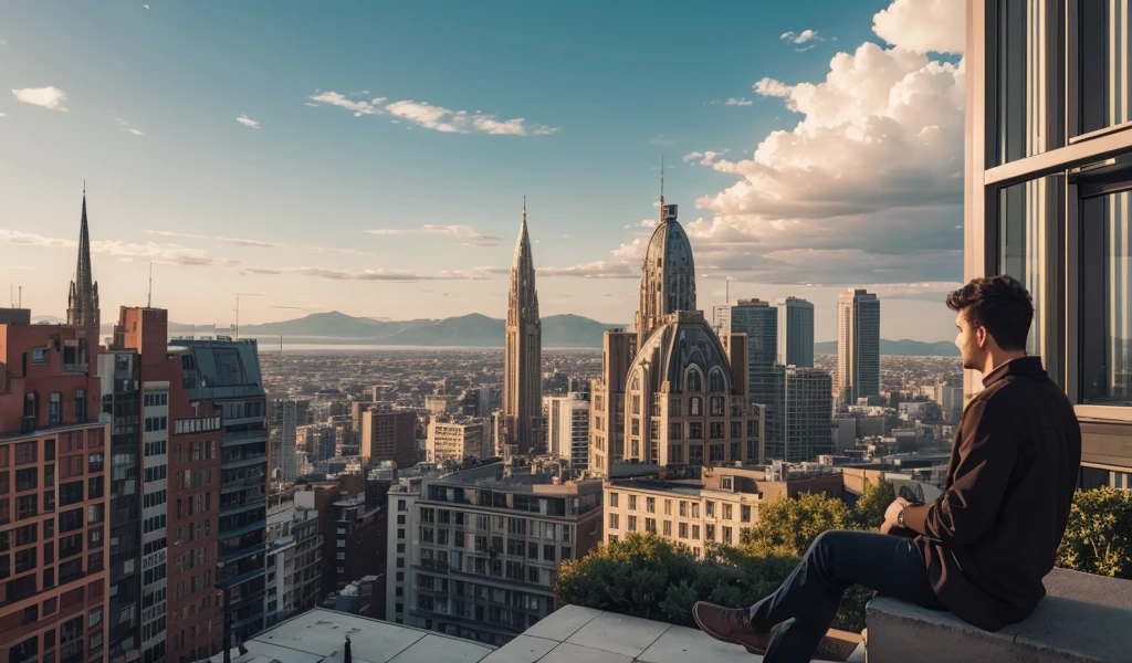 A landscape of buildings with a guy sitting in one of them watching