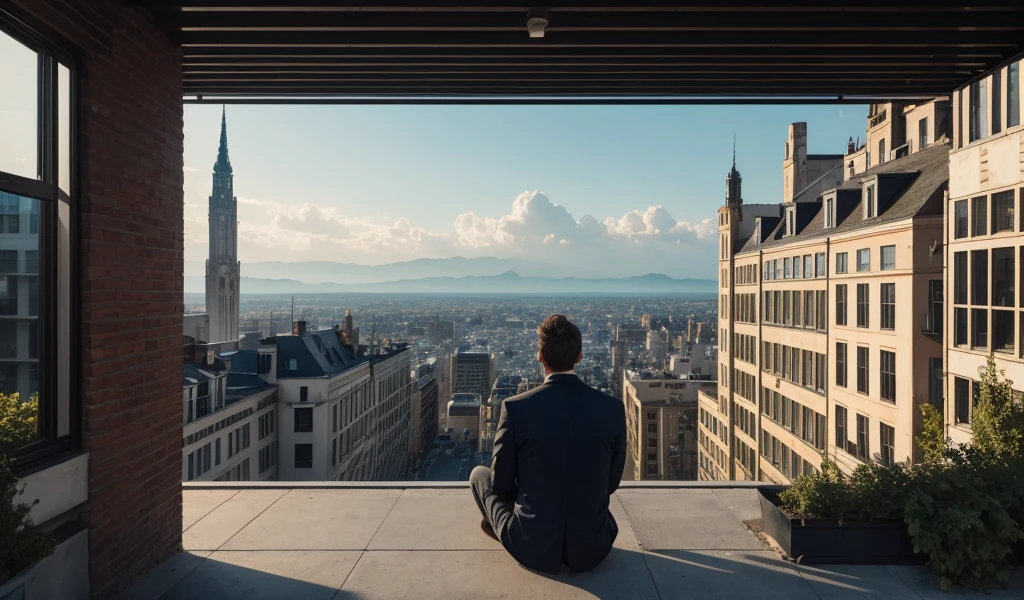 A landscape of buildings with a guy sitting in one of them watching 