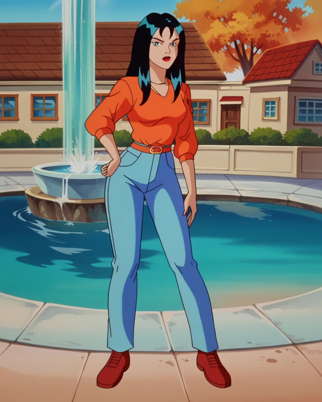 Crystal, Bblack hair, blue highlights, orange belt,long hair, ssmile, SD90 Style, retro art style, fountain_animated cartoon, 2d, 1 girl, eyes browns, Red lips, orange shirt, marking, standing alone, looking ahead at viewer, breastsout, neckleace, ((whole body)), jeans, coxas nuas, curves, nice legs, 正面, pose, best qualityer, no flaws