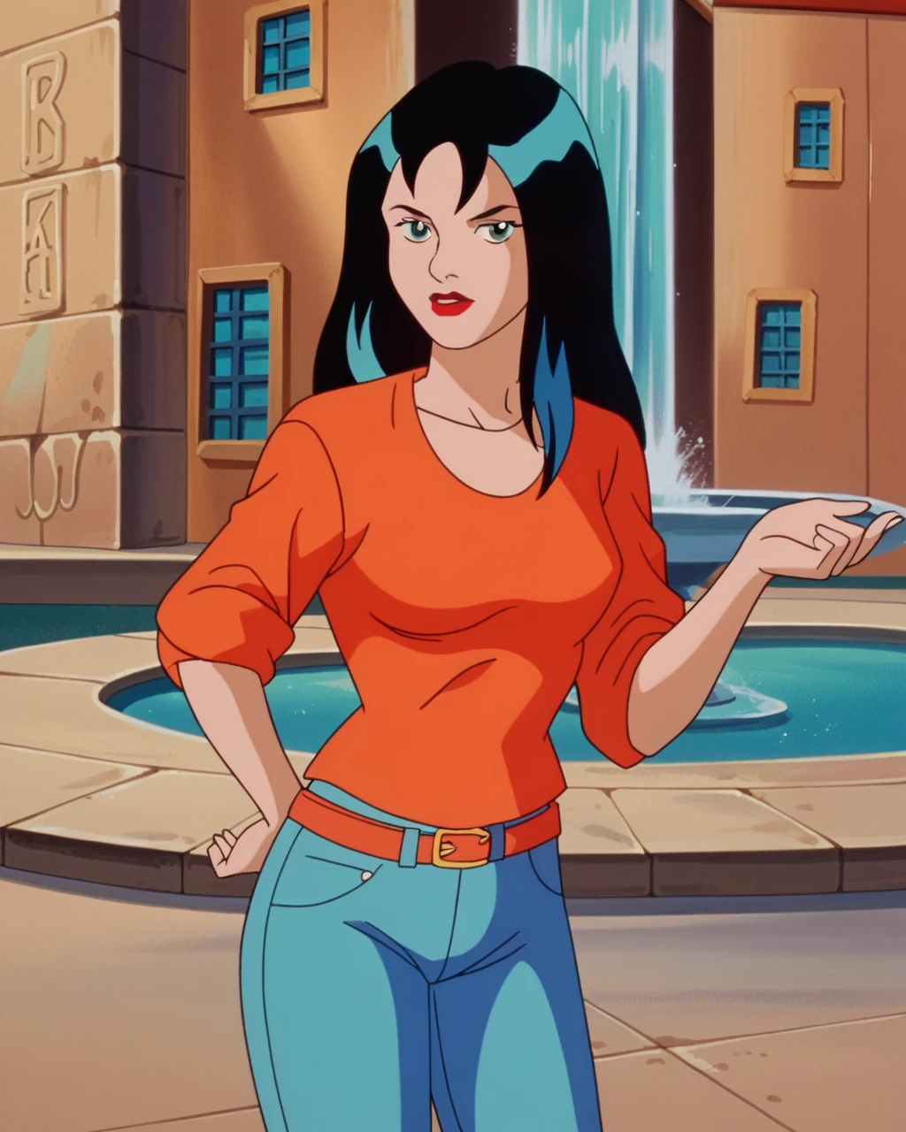 Crystal, Bblack hair, blue highlights, orange belt,long hair, ssmile, SD90 Style, retro art style, fountain_animated cartoon, 2d, 1 girl, eyes browns, Red lips, orange shirt, marking, standing alone, looking ahead at viewer, breastsout, neckleace, ((whole body)), jeans, coxas nuas, curves, nice legs, 正面, pose, best qualityer, no flaws