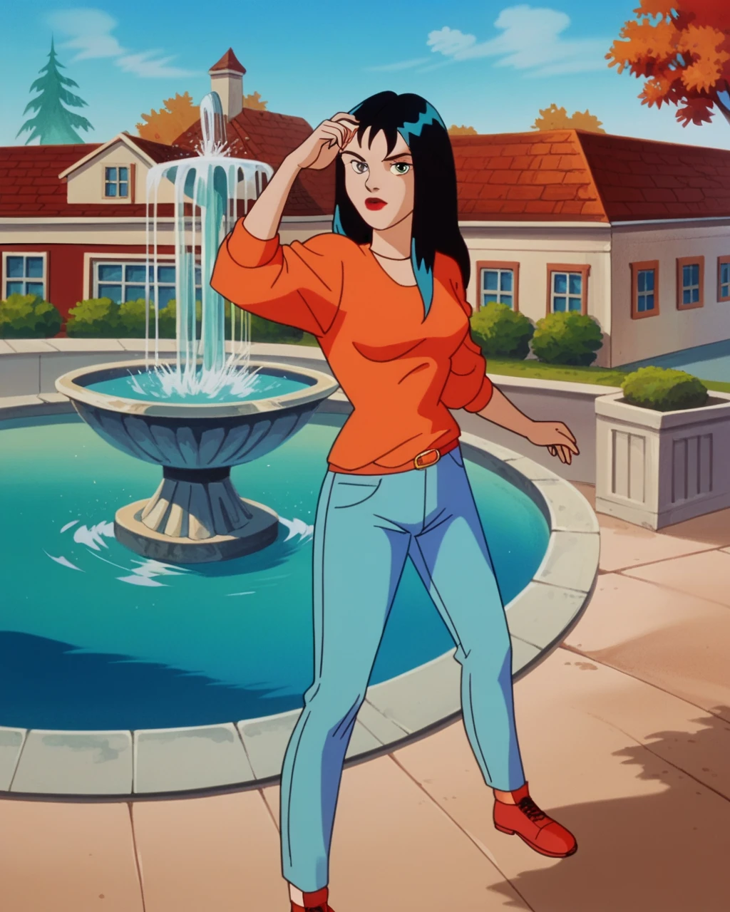 Crystal, Bblack hair, blue highlights, orange belt,long hair, ssmile, SD90 Style, retro art style, fountain_animated cartoon, 2d, 1 girl, eyes browns, Red lips, orange shirt, marking, standing alone, looking ahead at viewer, breastsout, neckleace, ((whole body)), jeans, coxas nuas, curves, nice legs, 正面, pose, best qualityer, no flaws