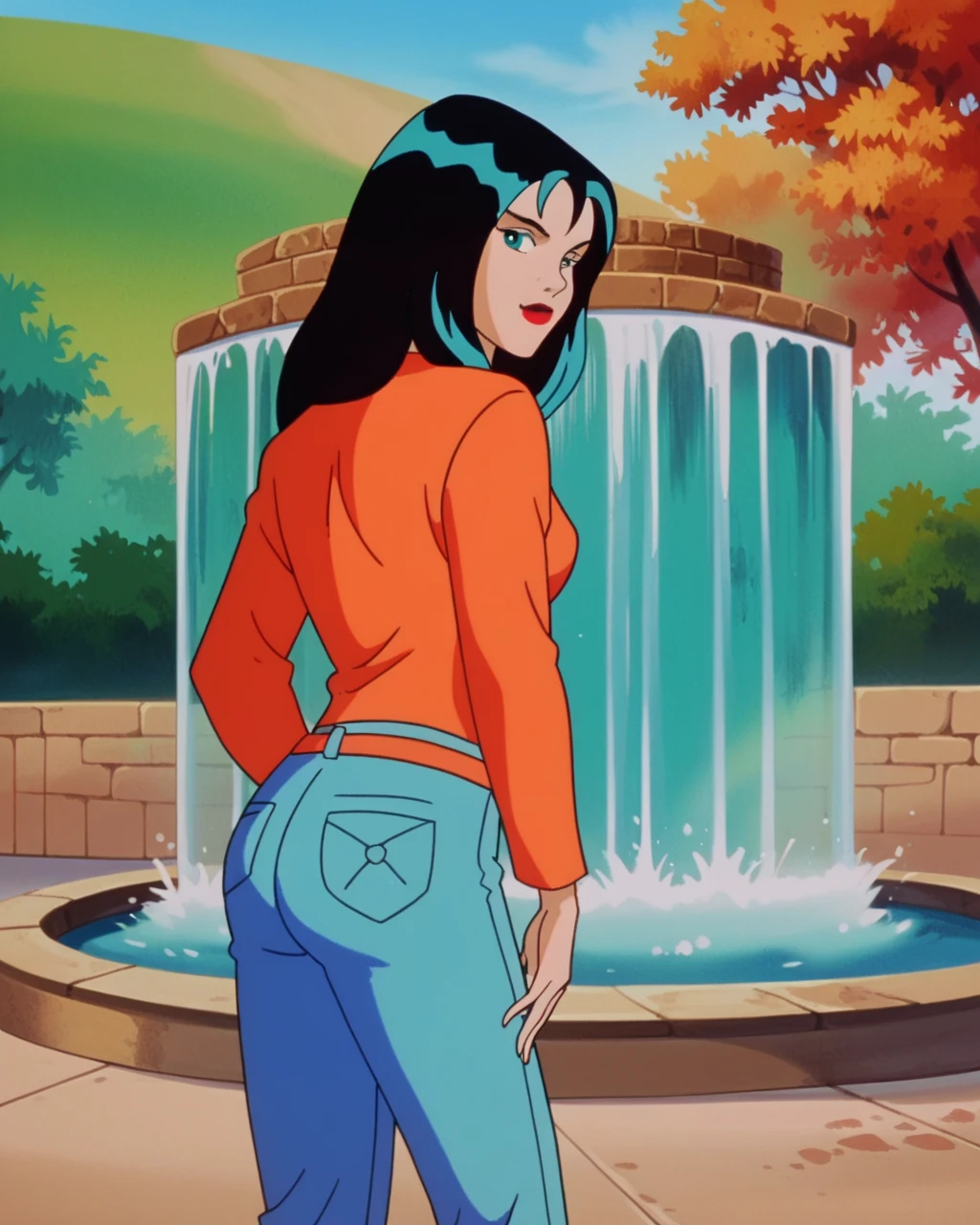 Crystal, Bblack hair, blue highlights, orange belt,long hair, ssmile, SD90 Style, retro art style, fountain_animated cartoon, 2d, 1 girl, eyes browns, Red lips, orange shirt, marking, standing alone, looking ahead at viewer, breastsout, neckleace, ((whole body)), jeans, coxas nuas, curves, nice legs, 正面, pose, best qualityer, no flaws