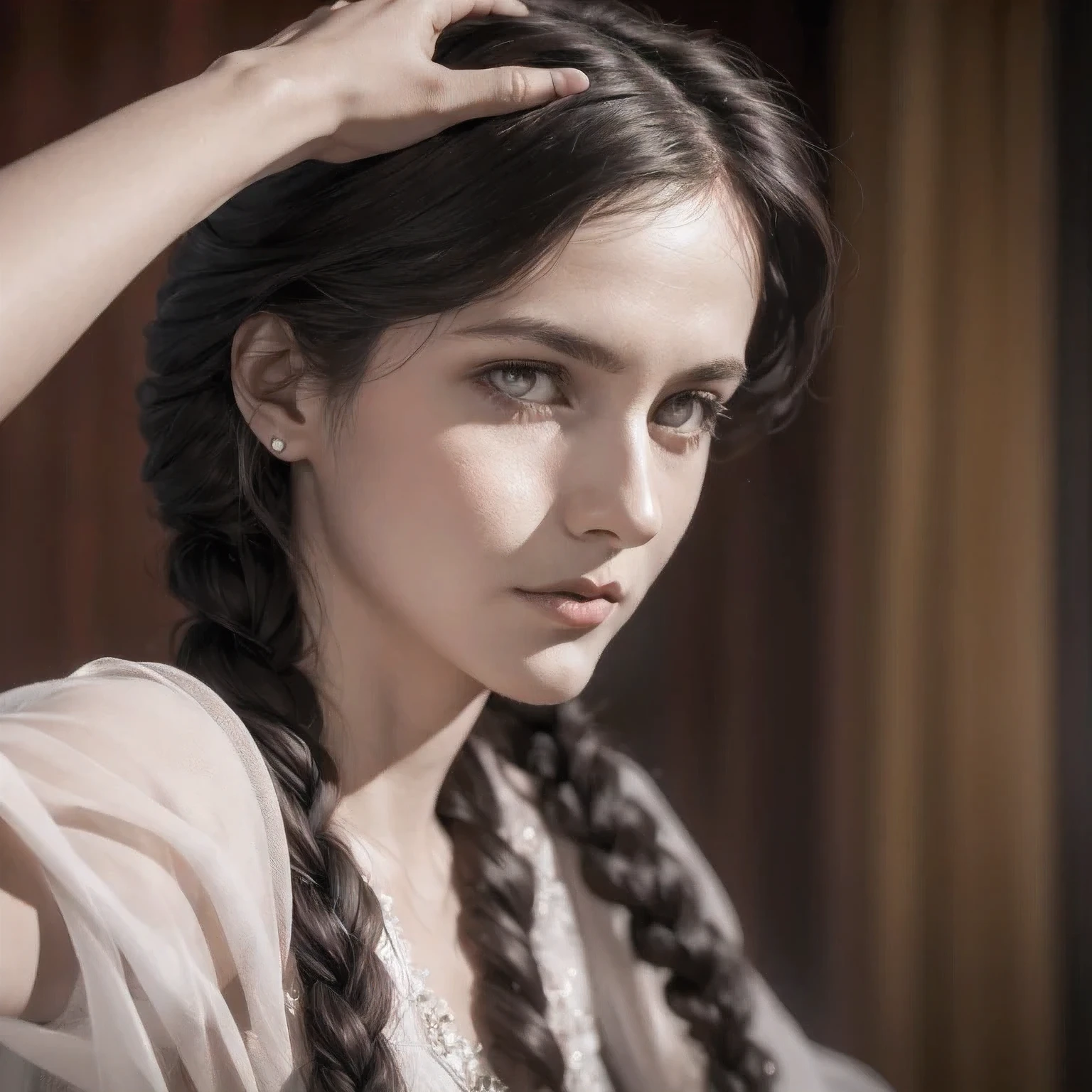 arafed photo of a woman with a braid in her hair, in her early 20s, maria fortuny, marianne collins, nadezhda tikhomirova, photo of young woman, leonora karrington, maria panfilova, anna kovalevskaya, anastasia ovchinnikova, lola dupre, e. h. beatrice blue