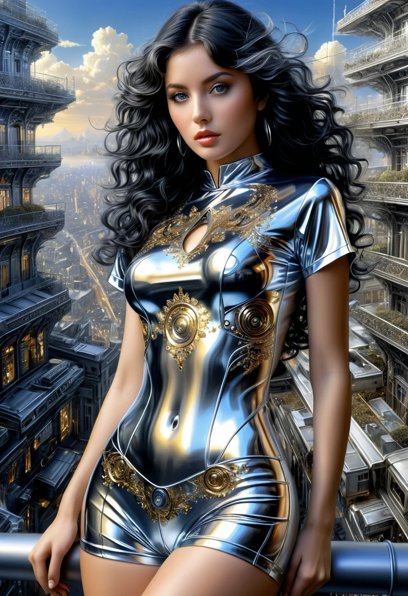 author:hajime sorayama, ((masterpiece)), ((Practical)), (best quality:1.2), 30-year-old Italian beauty,The body is sexy and charming, Come to me, Very long, curly black hair, Fine hair, A firm and focused gaze, Very detailed eyes, Electrical atmosphere, The abs are well defined, In a city full of futuristic and doomsday atmosphere, Ultra-detailed metallic t-shirt and shorts with fractal design, Keep your chest up