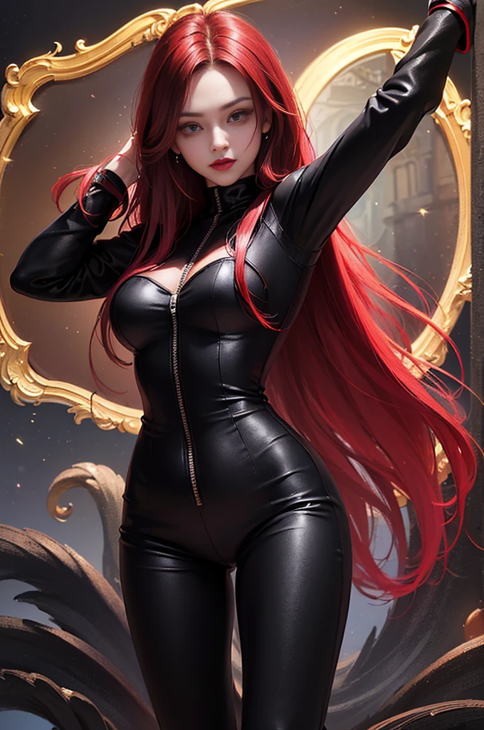 ((solo, 1woman, (TakashiroHiroko, dark purple eyes, red hair, long hair), lipstick, Extremely detailed, ambient soft lighting, 4k, perfect eyes, a perfect face, perfect lighting, a 1girl)), ((solo, (1woman, lipstick), Extremely detailed, ambient soft lighting, 4k, perfect eyes, a perfect face, perfect lighting, a 1girl)), , ((fitness,, shapely body, athletic body, toned body)), ((black swintsuit, high hells, black tights, sitting, legs crossed, black gloves))