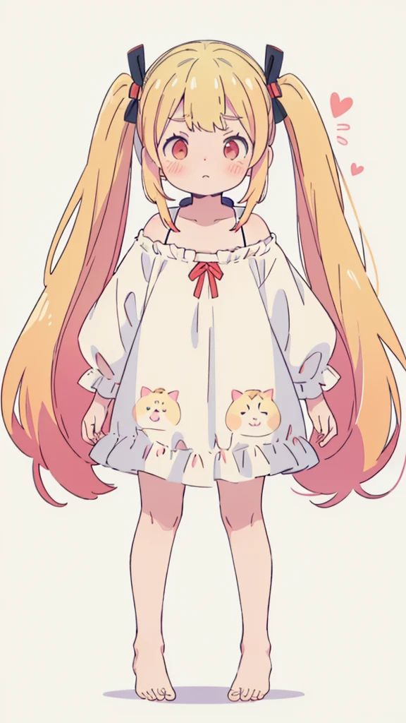 ((masterpiece))((Highest quality))girl、Confused eyes、blush、Flat Chest、Are thin、Blonde Hair、blush、Are standing、Whole body image、Eye level on face、、No background、Hair is two colors、Twin tails、Red Eyes、Two-tone red and yellow hair、Whole body image、Reflected to the toes