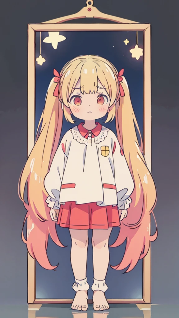 ((masterpiece))((Highest quality))girl、Confused eyes、blush、Flat Chest、Are thin、Blonde Hair、blush、Are standing、Whole body image、Eye level on face、、No background、Hair is two colors、Twin tails、Red Eyes、Two-tone red and yellow hair、Whole body image、Reflected to the toes