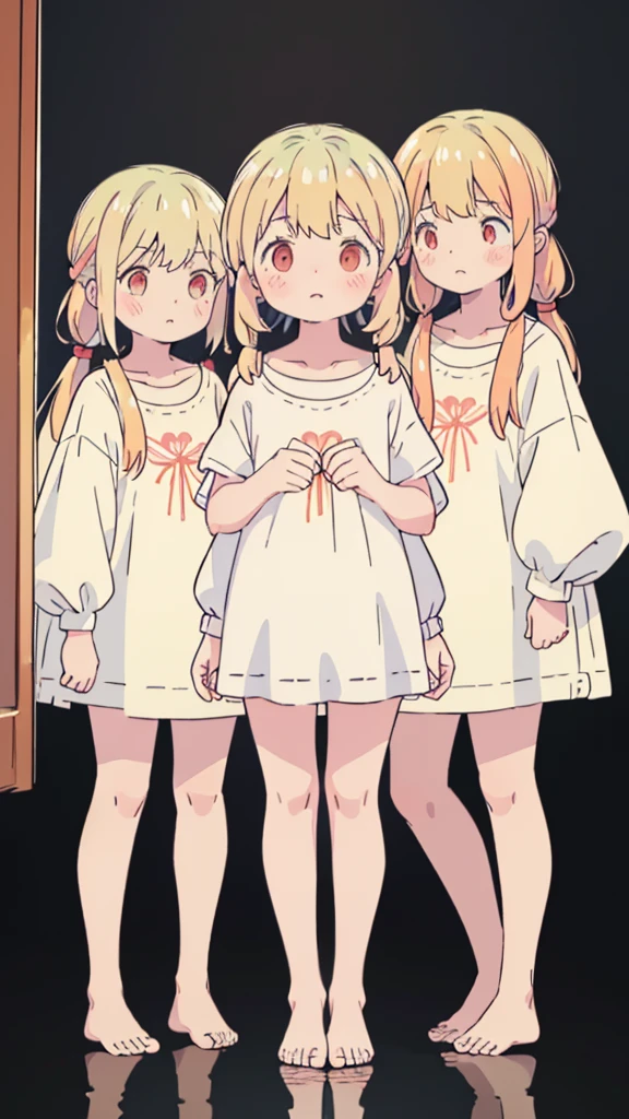 ((masterpiece))((Highest quality))girl、Confused eyes、blush、Flat Chest、Are thin、Blonde Hair、blush、Are standing、Whole body image、Eye level on face、、No background、Hair is two colors、Twin tails、Red Eyes、Two-tone red and yellow hair、Whole body image、Reflected to the toes