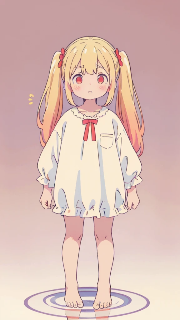 ((masterpiece))((Highest quality))girl、Confused eyes、blush、Flat Chest、Are thin、Blonde Hair、blush、Are standing、Whole body image、Eye level on face、、No background、Hair is two colors、Twin tails、Red Eyes、Two-tone red and yellow hair、Whole body image、Reflected to the toes