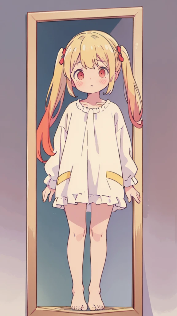 ((masterpiece))((Highest quality))girl、Confused eyes、blush、Flat Chest、Are thin、Blonde Hair、blush、Are standing、Whole body image、Eye level on face、、No background、Hair is two colors、Twin tails、Red Eyes、Two-tone red and yellow hair、Whole body image、Reflected to the toes