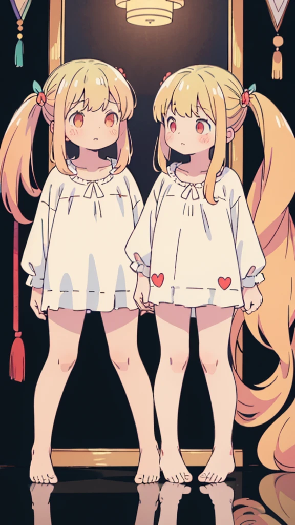 ((masterpiece))((Highest quality))girl、Confused eyes、blush、Flat Chest、Are thin、Blonde Hair、blush、Are standing、Whole body image、Eye level on face、、No background、Hair is two colors、Twin tails、Red Eyes、Two-tone red and yellow hair、Whole body image、Reflected to the toes
