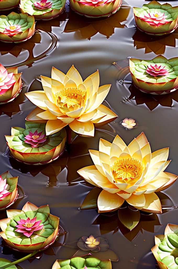 There is a white flower floating in the water, lotus, lotus flower, sitting on a lotus flower, Reflective flowers, lotus flowers, lotus pond, standing gracefully on a lotus, with lotus flowers, lotus flowers in the water, Floating in a powerful zen state, lotus petals, golden lotus princess, Beautiful images,  author：Han Gan, lotus, wealth, Golden