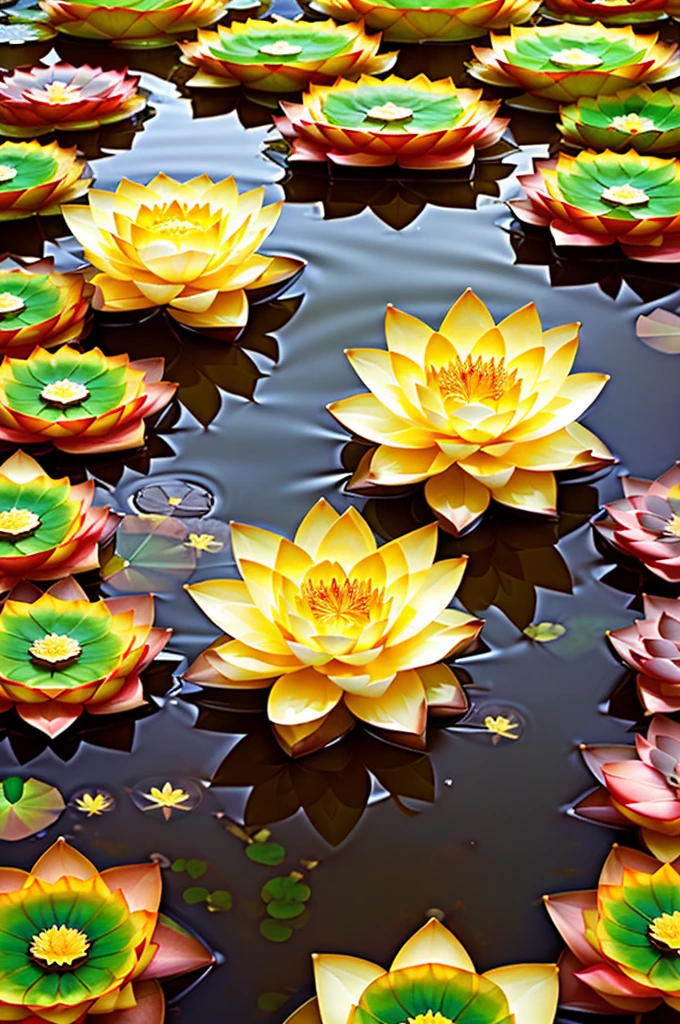 There is a white flower floating in the water, lotus, lotus flower, sitting on a lotus flower, Reflective flowers, lotus flowers, lotus pond, standing gracefully on a lotus, with lotus flowers, lotus flowers in the water, Floating in a powerful zen state, lotus petals, golden lotus princess, Beautiful images, author:Han Gan, lotus, wealth, Golden