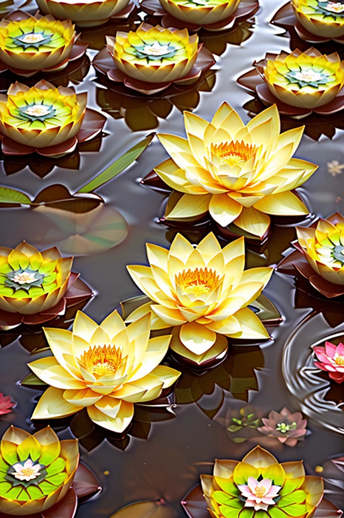 There is a white flower floating in the water, lotus, lotus flower, sitting on a lotus flower, Reflective flowers, lotus flowers, lotus pond, standing gracefully on a lotus, with lotus flowers, lotus flowers in the water, Floating in a powerful zen state, lotus petals, golden lotus princess, Beautiful images, author:Han Gan, lotus, wealth, Golden