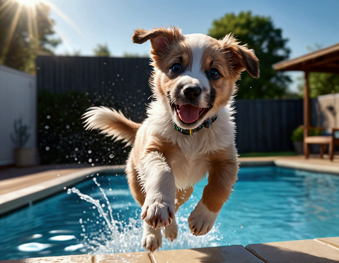 a puppy jumping off a high dive at a swimming pool, mid-air, scared and excited expression, splashing water, sunny day, beautiful detailed eyes, cute and fluffy puppy, (best quality,4k,8k,highres,masterpiece:1.2),ultra-detailed,(realistic,photorealistic,photo-realistic:1.37),HDR,UHD,studio lighting,ultra-fine painting,sharp focus,physically-based rendering,extreme detail description,professional,vivid colors,bokeh,cute animal portrait