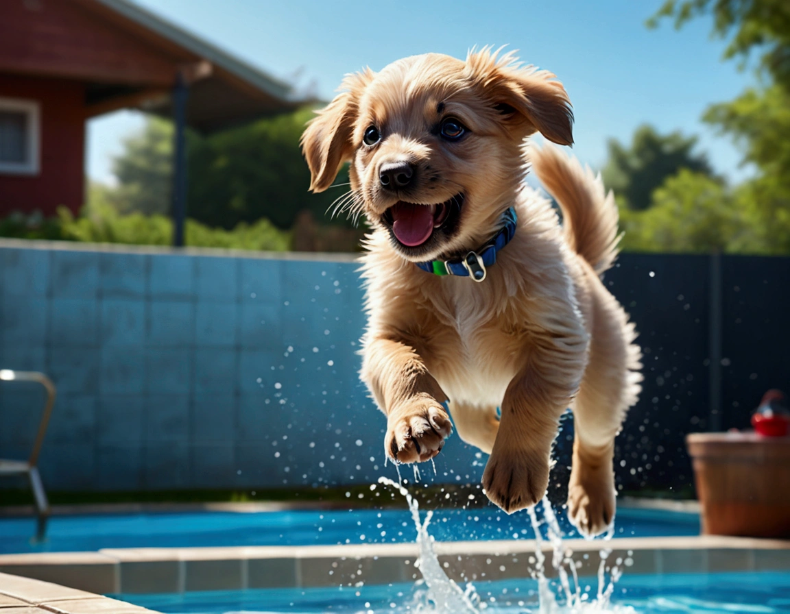 a puppy jumping off a high dive at a swimming pool, mid-air, scared and excited expression, splashing water, sunny day, beautiful detailed eyes, cute and fluffy puppy, (best quality,4k,8k,highres,masterpiece:1.2),ultra-detailed,(realistic,photorealistic,photo-realistic:1.37),HDR,UHD,studio lighting,ultra-fine painting,sharp focus,physically-based rendering,extreme detail description,professional,vivid colors,bokeh,cute animal portrait