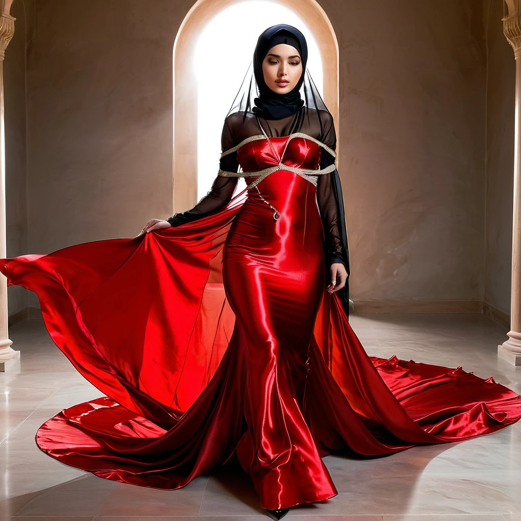 a woman in the translucent silk red gown, tight full body tied, satin sheet, nipple on with nipple piercing, wear modern hijab, full body, long satin,mermaid tight long gown, flowy dramatic long gown, tall women, walk in rush, wear high heels,tripping in gown, having trouble with her gown, masterpice