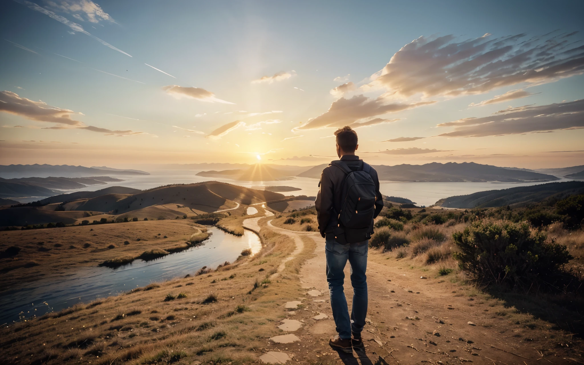 photorealistic landscape, natural landscape, naturey, Beleza Da naturey, Golden Sunset, Sky, Sky Power, Detailed Realistic Sunset, Cedars, Cedar, God's City, Heavens Realm, mountainscape, rivers of water, Sunset realism, Árvores naturey, Alone Men, man on his back, Man's Back, panorama, Alpha Male, Path to Heaven, heavenly, Detailed Realistic Image 8K, 16K Photorealistic Contrast, 8K Photorealistic Sharpness, 4K Photorealistic Cores, 16K Photorealistic Shadows, 8K Photorealistic Textures, 16K Photorealistic Texture, 4K Photorealistic Light, 4K PhotoRealism, FullHD 4K Detailed Contrast, detailed sharpness FullHD 8K, detailed sharpness FullHD 4K, detailed sharpness, 2K Detailed Colors, lifelike colors, FullHD Detailed Shadows, 4K Detailed Textures, detailed texture, Natural Beauty, Elegante,