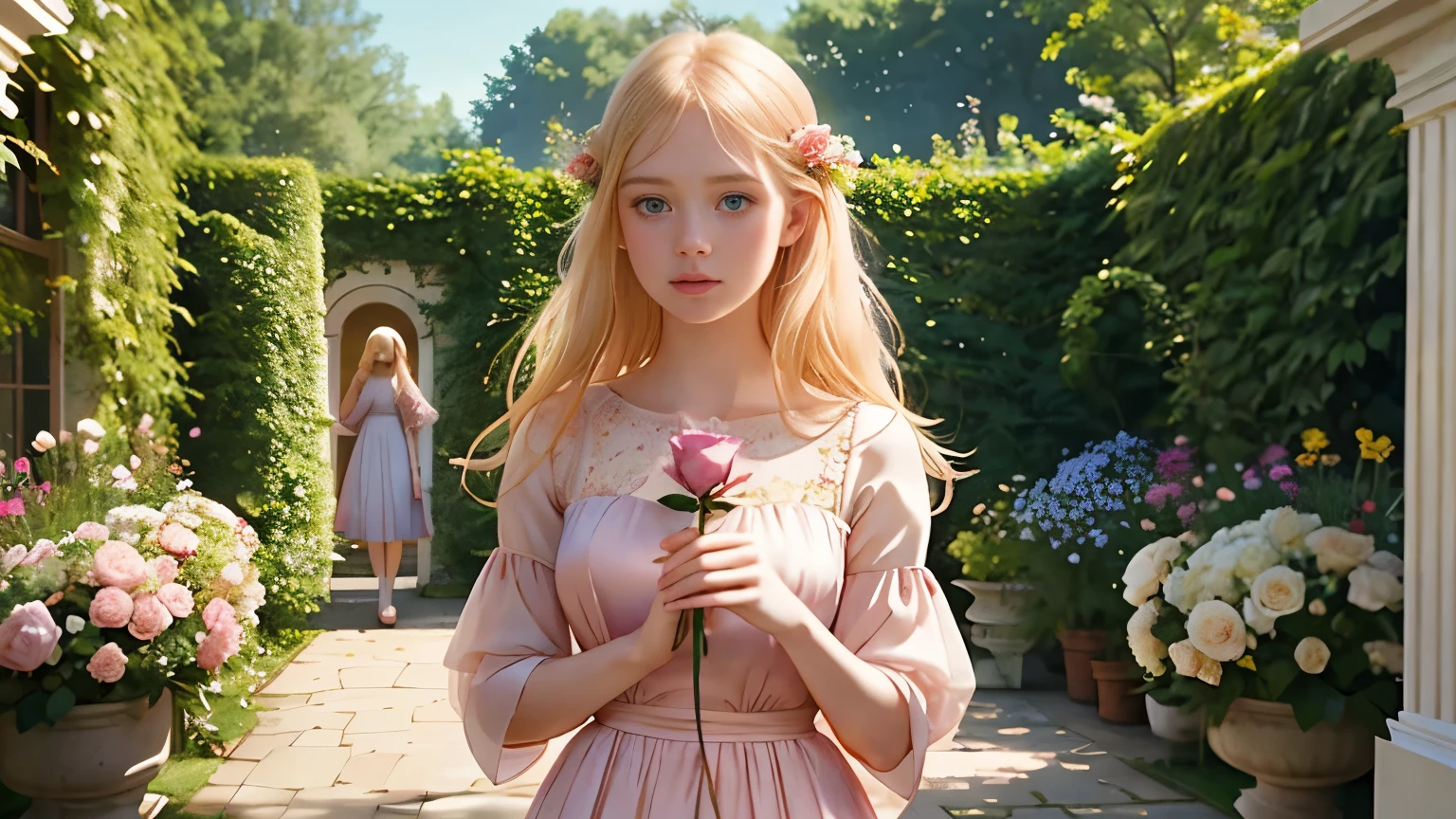 blond woman in pink dress holding a rose in front of a garden, ellie bamber fairy, ellie bamber, david hamilton, in style of petra collin), elle fanning, petra collins, a still of an ethereal, by Nathalie Rattner, still from a music video, monia merlo, midsommar style, eva elfie