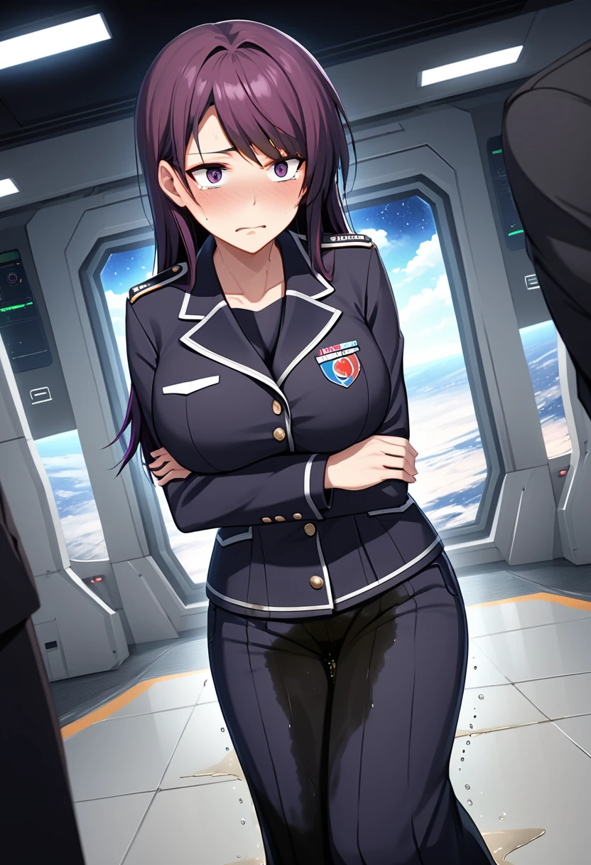 (high quality,Very detailed:1.37, High resolution), Woman, (mature:2.0), (Sakaki Yumiko:2.0), Grisaia, very long hair, (very dark purple hair:1.5), purple eyes, large breasts, military uniform, pants, (wetting herself:1.5), standing, (arms crossed:1.5), (embarrassed:1.5), (humiliation:1.5), (constricted pupils:1.5), (sweating:1.5), shaking, (trembling:1.5), (blushing:1.5), Meticulous details, (extremely detailed eys:1.37), space station, interior, science fiction, futuristic