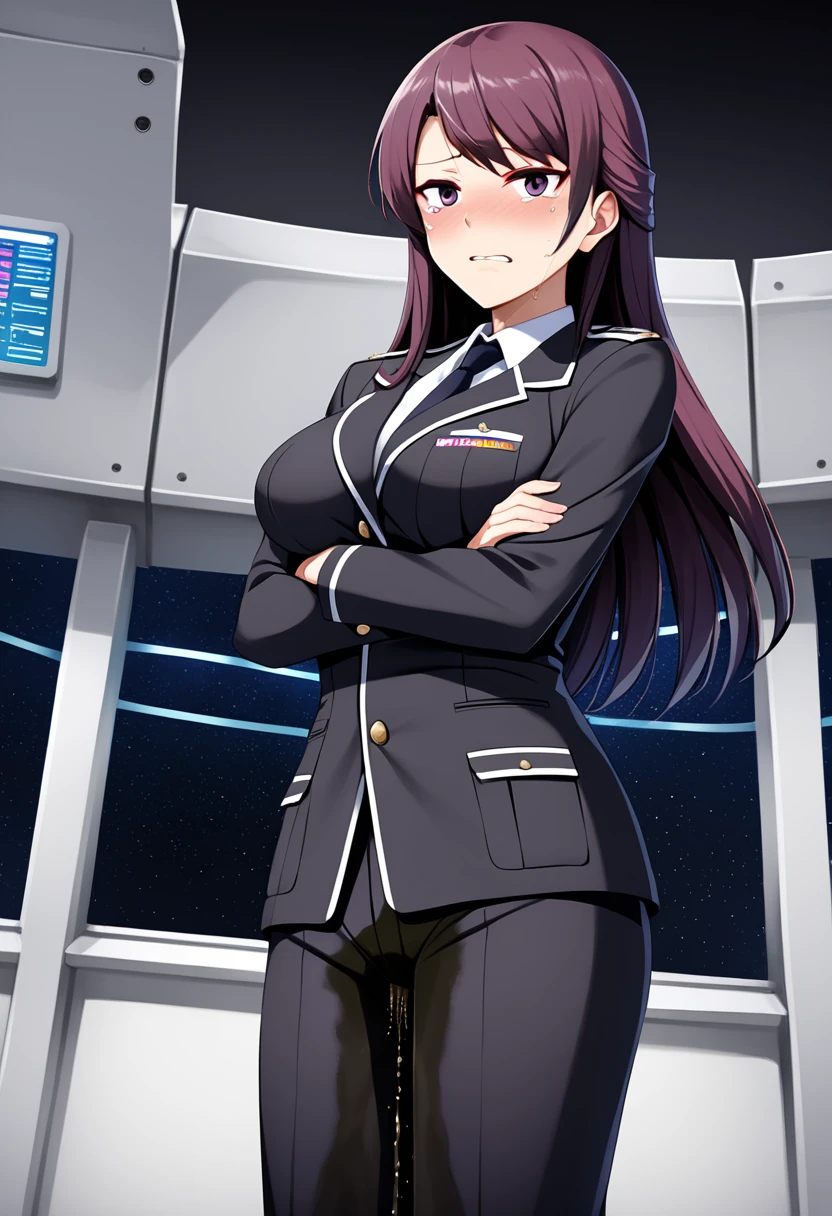 (high quality,Very detailed:1.37, High resolution), Woman, (mature:2.0), (Sakaki Yumiko:2.0), Grisaia, very long hair, (very dark purple hair:1.5), purple eyes, large breasts, military uniform, pants, (wetting herself:1.5), standing, (arms crossed:1.5), (embarrassed:1.5), (humiliation:1.5), (constricted pupils:1.5), (sweating:1.5), shaking, (trembling:1.5), (blushing:1.5), Meticulous details, (extremely detailed eys:1.37), space station, interior, science fiction, futuristic