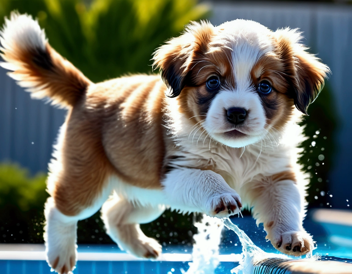 a puppy jumping off a high dive at a swimming pool, mid-air, scared and excited expression, splashing water, sunny day, beautiful detailed eyes, cute and fluffy puppy, (best quality,4k,8k,highres,masterpiece:1.2),ultra-detailed,(realistic,photorealistic,photo-realistic:1.37),HDR,UHD,studio lighting,ultra-fine painting,sharp focus,physically-based rendering,extreme detail description,professional,vivid colors,bokeh,cute animal portrait