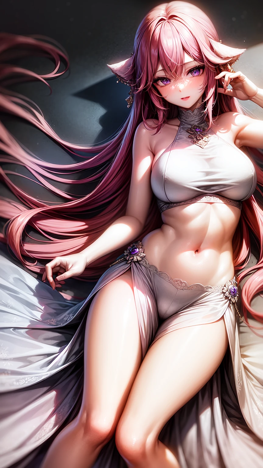 purple eyes,Wedding dress,long skirt,crop top,pink hair