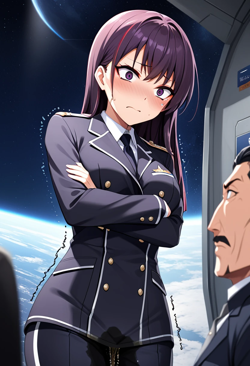 (high quality,Very detailed:1.37, High resolution), Woman, (mature:2.0), (Sakaki Yumiko:2.5), (very long hair:1.5), (dark purple hair:1.5), purple eyes, large breasts, military uniform, pants, (wetting herself:1.5), standing, (arms crossed:1.5), (embarrassed:1.5), (humiliation:1.5), (constricted pupils:1.5), (sweating:1.5), shaking, (trembling:1.5), (blushing:1.5), Meticulous details, (extremely detailed eys:1.37), space station, interior, science fiction, futuristic