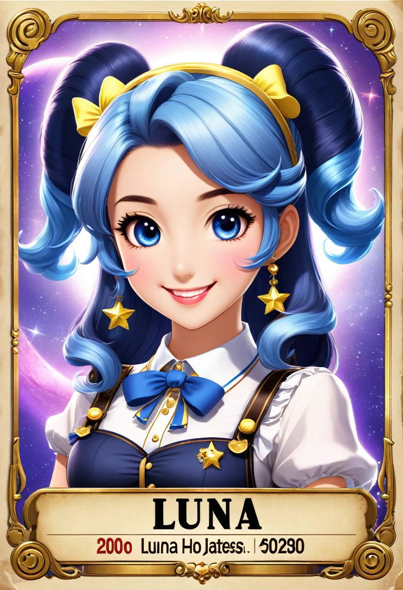 Generate an image of a wanted poster for Luna, a 20-year-old hostess. She has a cute, idol-like face with twin tails and a captivating smile. The poster should give a playful and charming vibe, emphasizing her adorable and idol-like qualities.