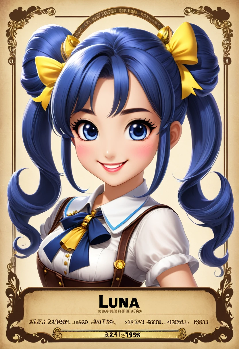 Generate an image of a wanted poster for Luna, a 20-year-old hostess. She has a cute, idol-like face with twin tails and a captivating smile. The poster should give a playful and charming vibe, emphasizing her adorable and idol-like qualities.
