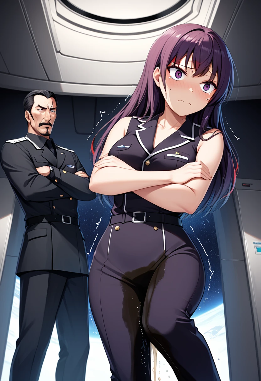 (high quality,Very detailed:1.37, High resolution), Woman, (mature:2.0), (Sakaki Yumiko:2.0), Grisaia, very long hair, (very dark purple hair:1.5), purple eyes, large breasts, military uniform, pants, (wetting herself:1.5), standing, (arms crossed:1.5), (embarrassed:1.5), (humiliation:1.5), (constricted pupils:1.5), (sweating:1.5), shaking, (trembling:1.5), (blushing:1.5), Meticulous details, (extremely detailed eys:1.37), space station, interior, science fiction, futuristic