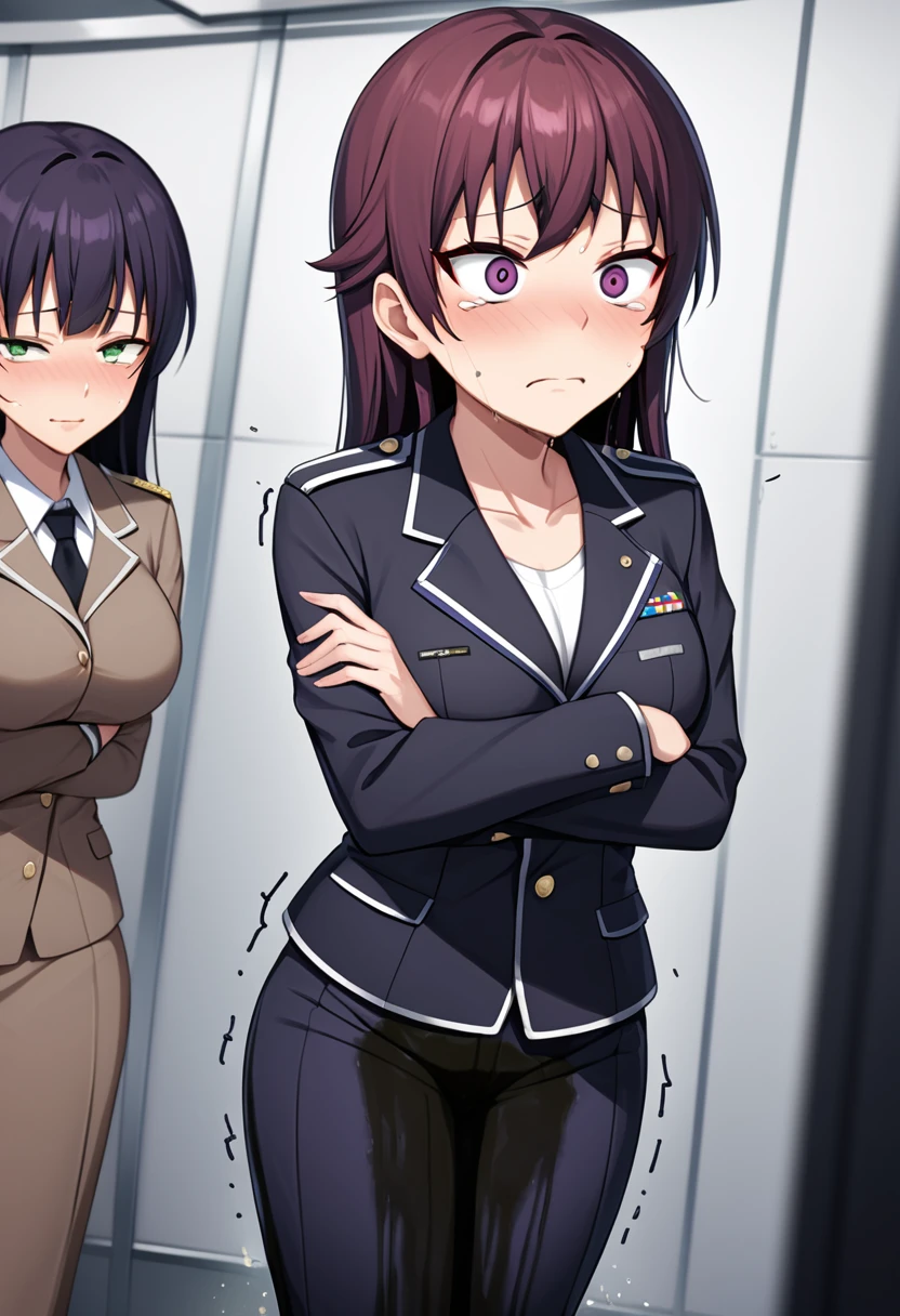 (high quality,Very detailed:1.37, High resolution), Woman, (mature:2.0), (Sakaki Yumiko:2.0), Grisaia, very long hair, (very dark purple hair:1.5), purple eyes, large breasts, military uniform, pants, (wetting herself:1.5), standing, (arms crossed:1.5), (embarrassed:1.5), (humiliation:1.5), (constricted pupils:1.5), (sweating:1.5), shaking, (trembling:1.5), (blushing:1.5), Meticulous details, (extremely detailed eys:1.37), space station, interior, science fiction, futuristic