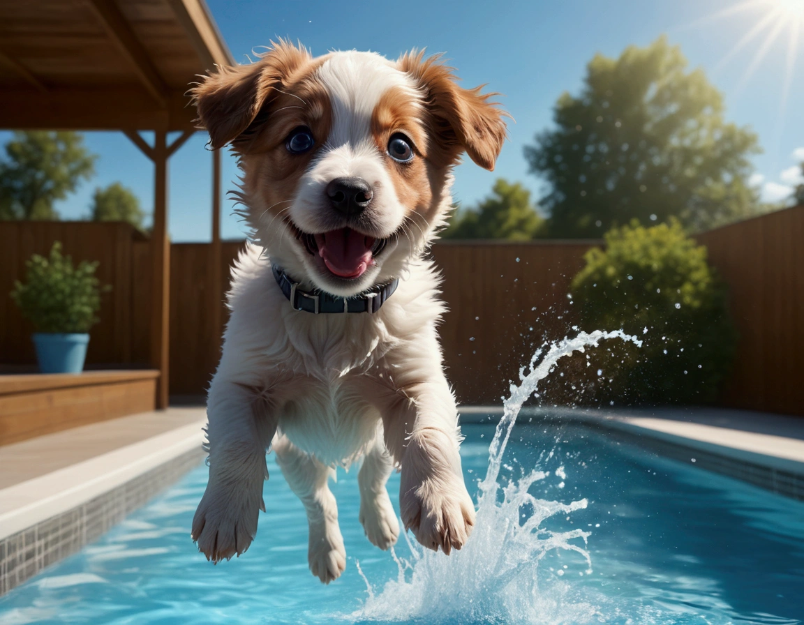 a puppy jumping off a high dive at a swimming pool, mid-air, scared and excited expression, splashing water, sunny day, beautiful detailed eyes, cute and fluffy puppy, (best quality,4k,8k,highres,masterpiece:1.2),ultra-detailed,(realistic,photorealistic,photo-realistic:1.37),HDR,UHD,studio lighting,ultra-fine painting,sharp focus,physically-based rendering,extreme detail description,professional,vivid colors,bokeh,cute animal portrait