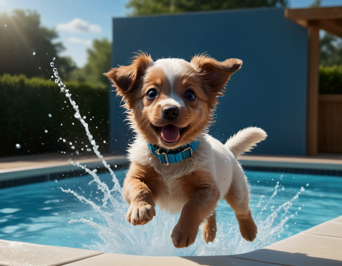 a puppy jumping off a high dive at a swimming pool, mid-air, scared and excited expression, splashing water, sunny day, beautiful detailed eyes, cute and fluffy puppy, (best quality,4k,8k,highres,masterpiece:1.2),ultra-detailed,(realistic,photorealistic,photo-realistic:1.37),HDR,UHD,studio lighting,ultra-fine painting,sharp focus,physically-based rendering,extreme detail description,professional,vivid colors,bokeh,cute animal portrait