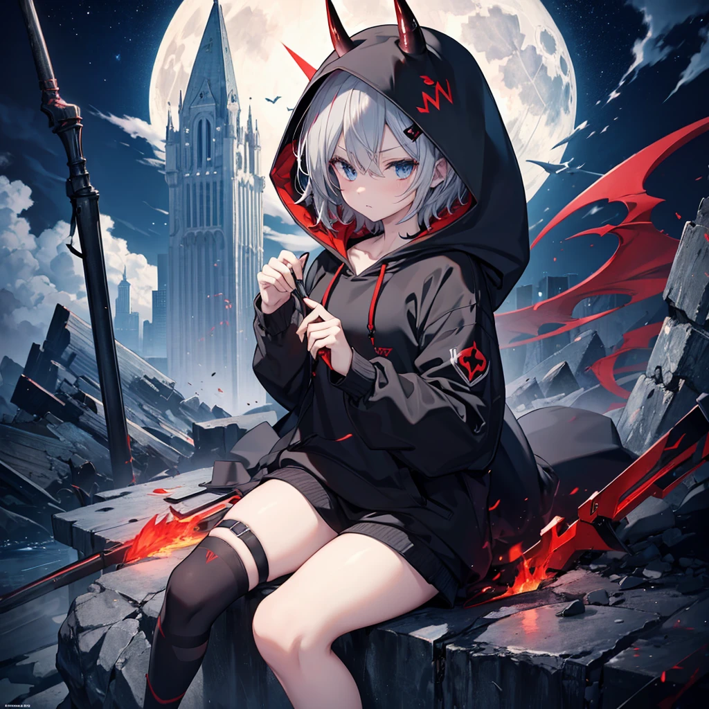 (((((grim Reaper、Horn、Sickle　hoodie、Black and Red、Wearing a hood)))))　((((Gray Hair、short hair　blue eyes　A tense look　girl、Center close-up))))，(((night、full moon)))，(Shining Background　Shining Edges)