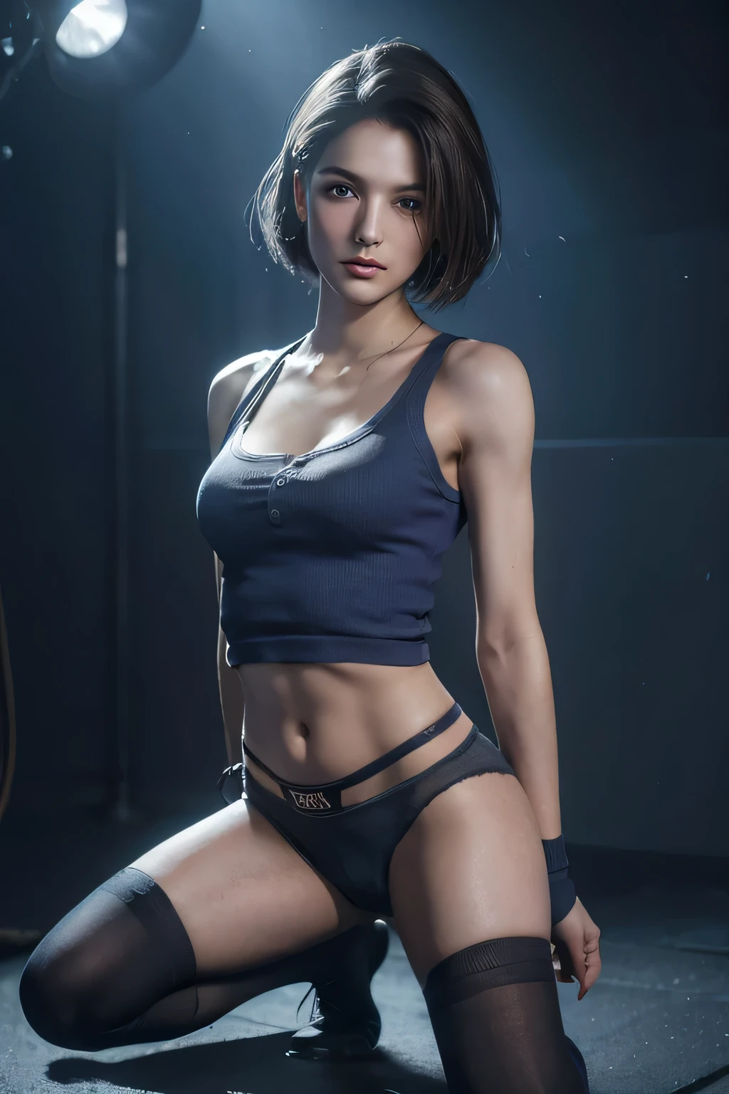 Jill Valentine,((The body is slim,Small breasts,Small Ass,Big eyes)),Spotlight, masterpiece, Very detailedな,Absurd,Highest quality,Very detailed,Detailed face,Particles of light, Lighting, (Very detailed:1.2),(Detailed face:1.2), (Gradation), software, colorful,(Beautiful Eyes:1.2),basement,((Cute Panties)),Photo taken from the front,((Age 18)),((One knee,Knee-high socks))