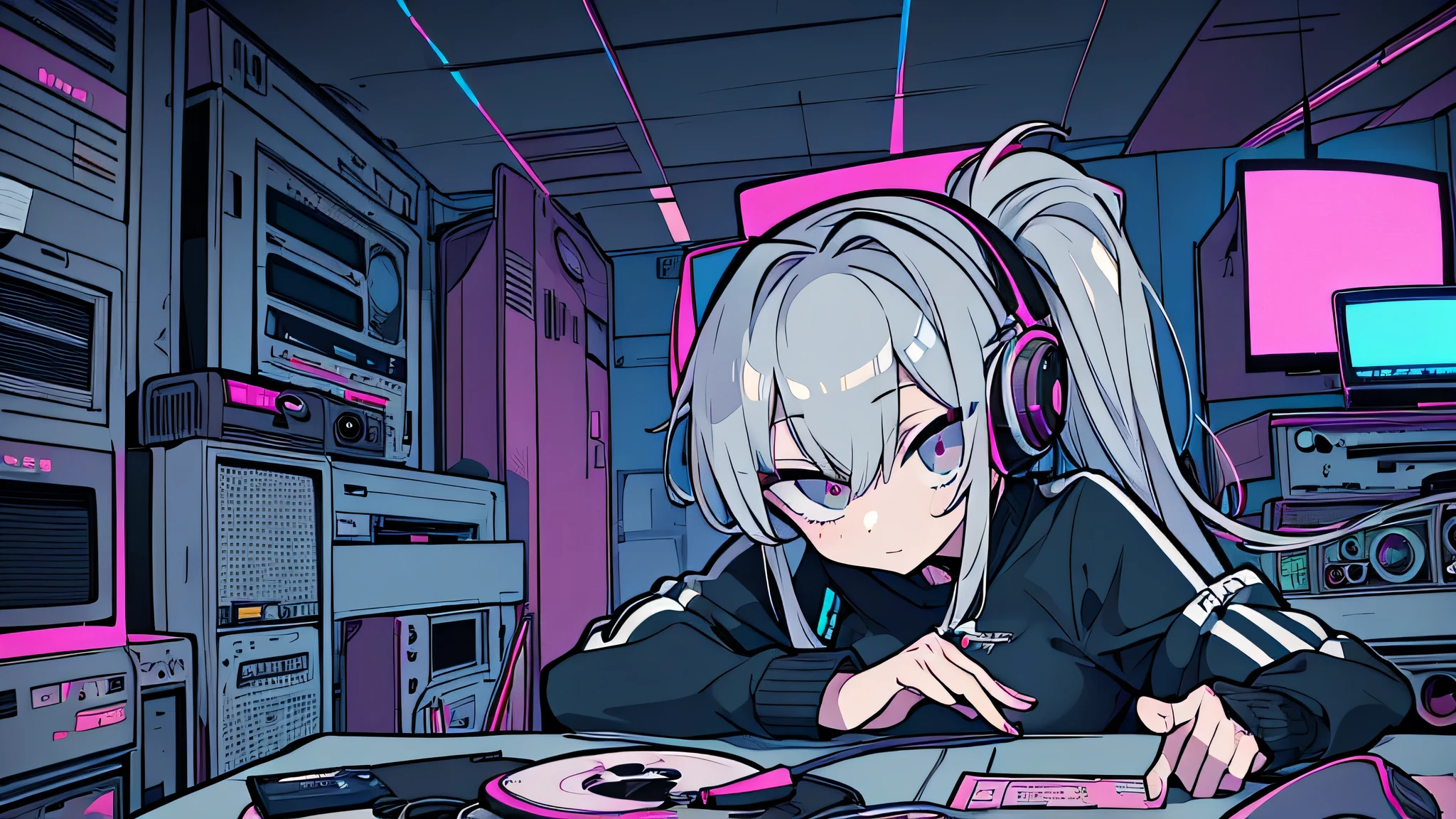 Best quality, (masterpiece), best detail face,1 girl, natural breasts, 18 yo, 8k,absurdres,unity 8k wall paper,(extremely detailed:1.3), highest realistic, (retro headphones:), (soft neon light:), (psychedelic), Her room full of music equipment and records, sports wear , See the whole room , dark grey color pallet, silver hair, pony tail hair
